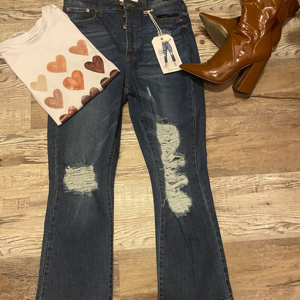 RE Generation High Rise Cropped Flare “Flower” Distressed Jeans, Dark Denim,